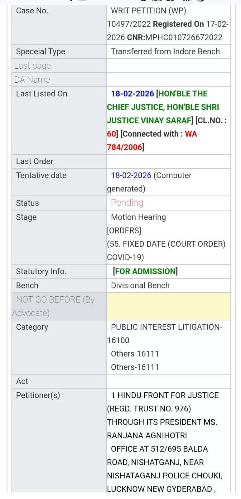 नेशन बुलेटिन धार। भोजशाला प्रकरण की सुनवाई 18 फरवरी को, मुख्य न्यायाधीश की खंडपीठ के समक्ष 60वें नंबर पर सूचीबद्ध।